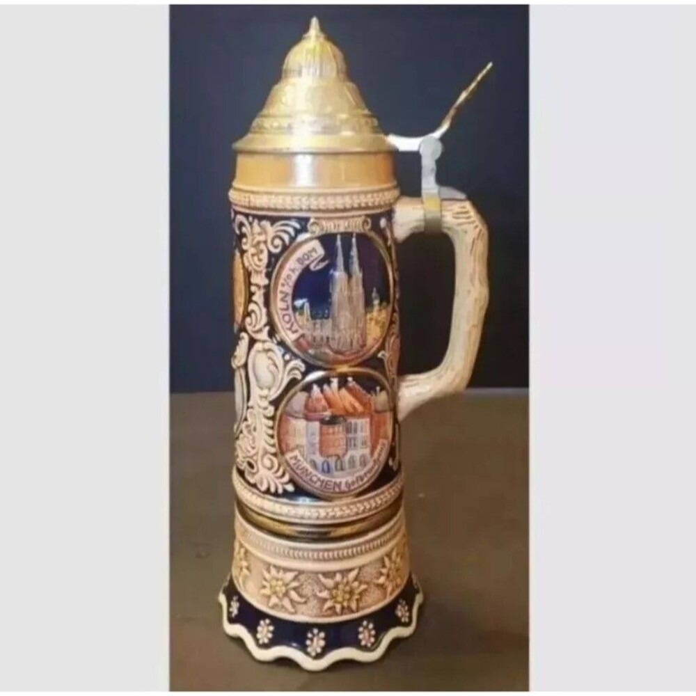 GERZ W Musical Beer Stien W/ Lid Germany Cities Colorfully Decorated Scenes Vtg
